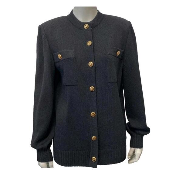 ST. JOHN BASICS Santana Knit Cardigan And Pants Black Military Gold Button M